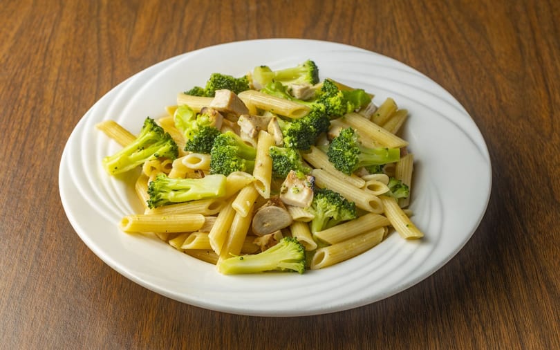 Penne pasta with chicken and broccoli florets on a white plate, on a wooden table.