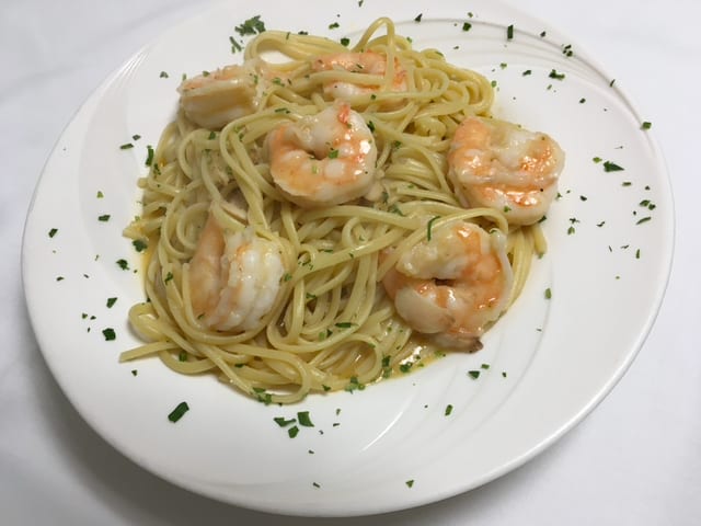 Shrimp Scampi Over Linguine.